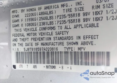 2007 Acura Rdx z USA, uszkodzony, nr VIN 5J8TB18597A020816